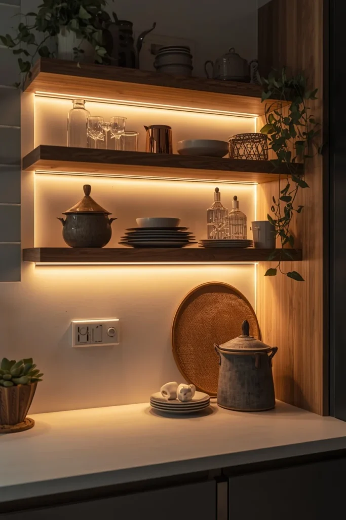 23 Rental Apartment Decor Ideas That Look Like You Actually Own the Place 15 rental kitchen, featuring warm white LED strip lighting