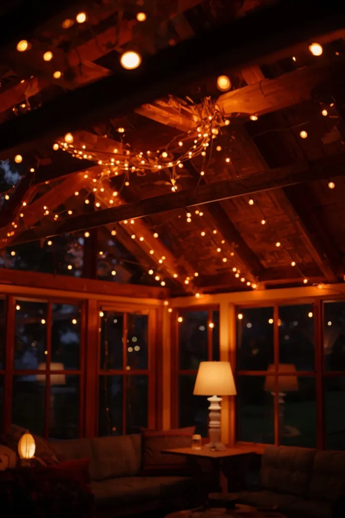 she shed interior at dusk, featuring warm amber string lights 