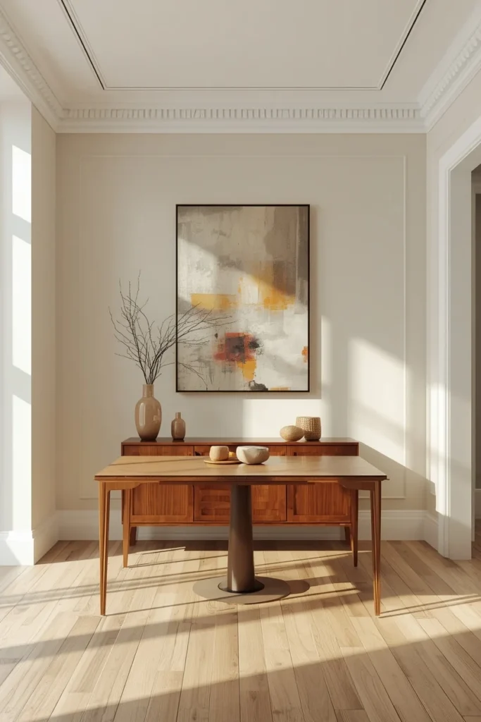 19 Small Dining Room Ideas That Are Big on Style & Even Bigger on Charm 15 small dining room, featuring one large abstract art piece on the main wall