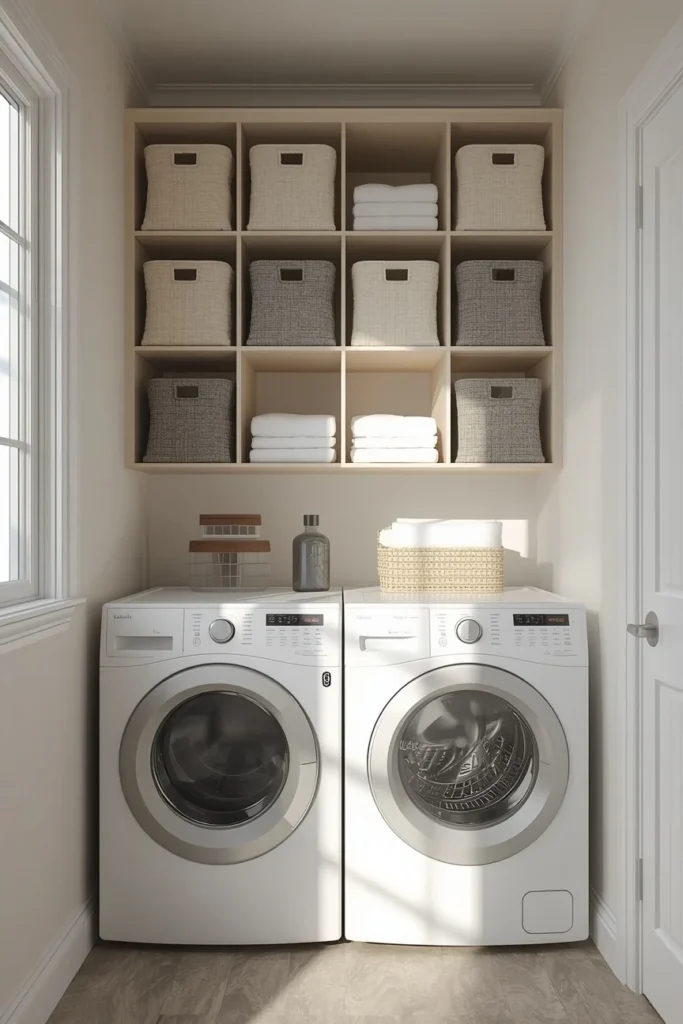 21 Small Laundry Room Ideas That Pack Function & Style Into Every Inch 15 small laundry room, featuring a stacked modular cube shelving uni