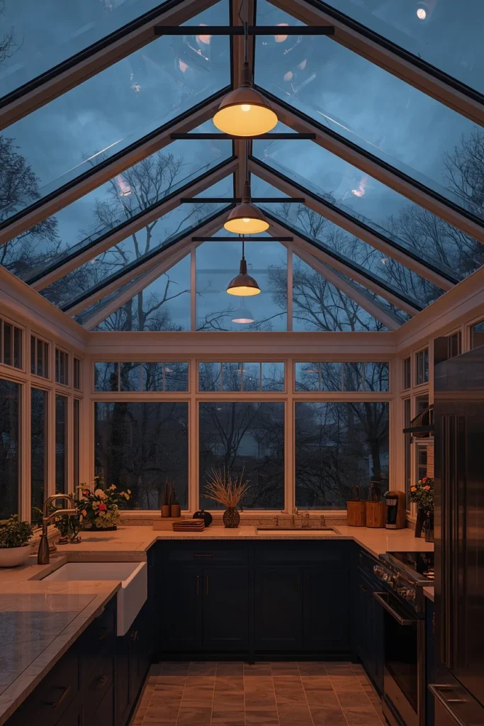 16 Solarium Kitchen Ideas That Flood Your Home With Beautiful Light 15 Two-Tone Solarium kitchen With Statement Lighting