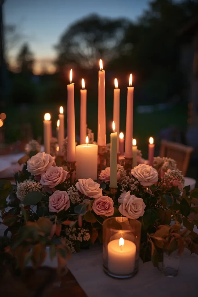 16 Spring Tablescape Ideas That Make Every Meal Feel Like a Garden Party 15 close-up of a spring table centerpiece featuring taper candles