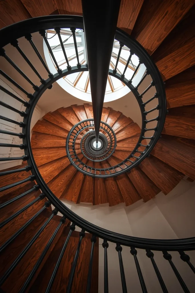  spiral staircase, featuring a black steel structure winding 