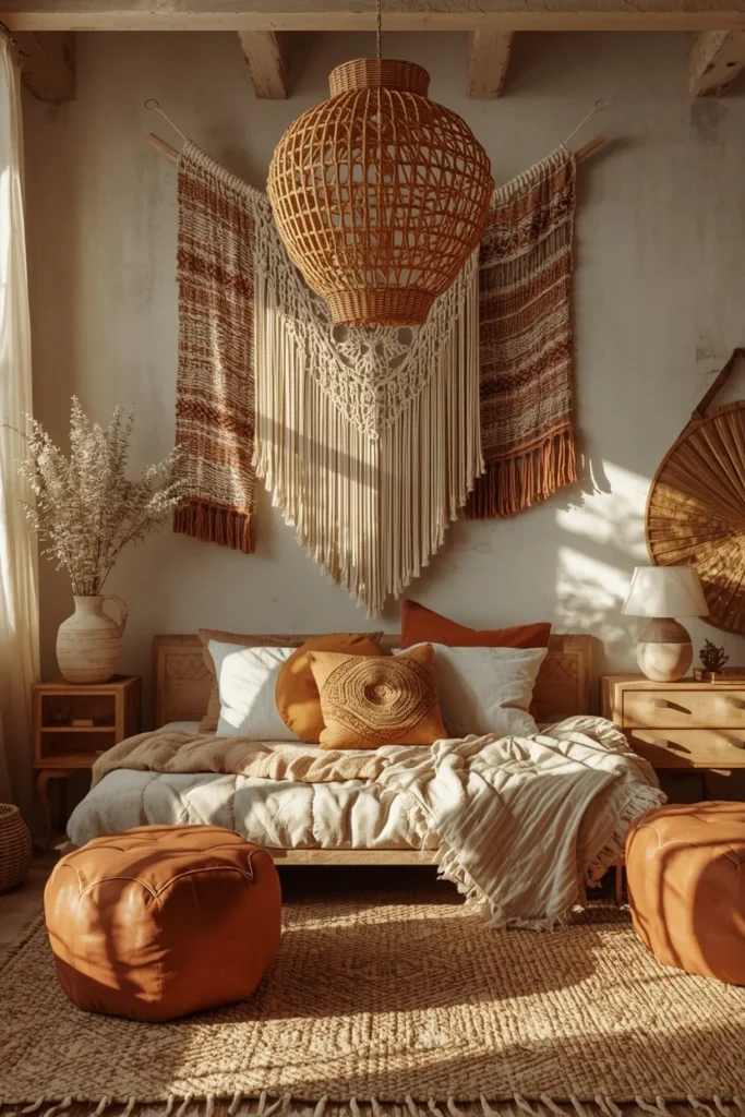 bohemian studio apartment, featuring layered woven textiles,