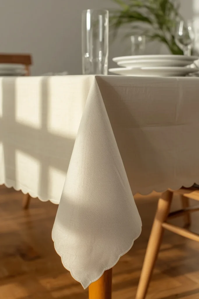 dining table close-up, featuring a buttery cream scalloped-edge linen tablecloth 