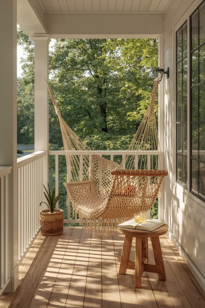  summer house porch, featuring a woven rope hammock 