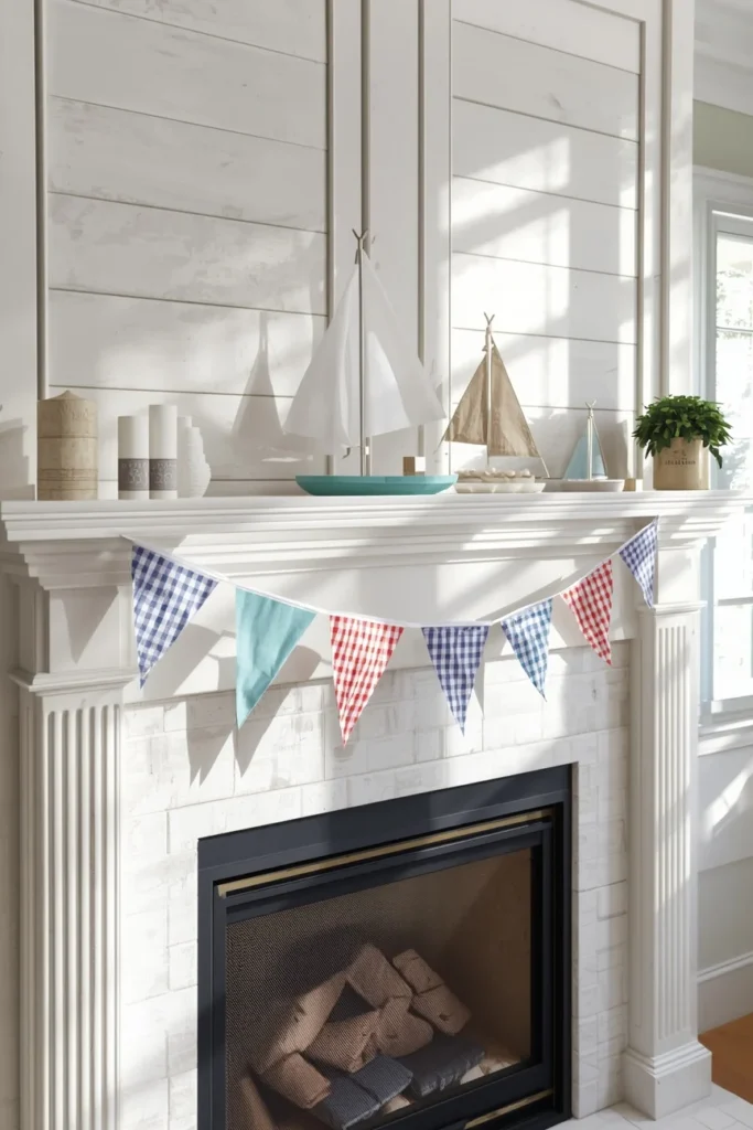  fireplace mantel, featuring striped and gingham fabric pennants