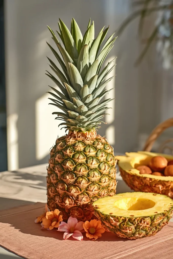 summer table centerpiece featuring a whole pineapple with its crown intact