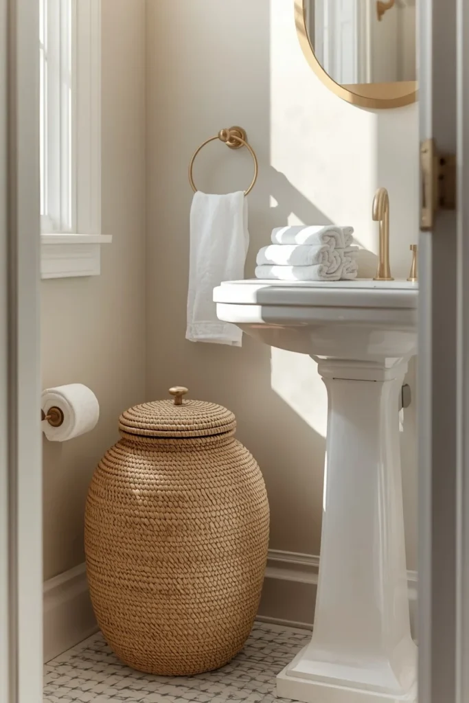  tiny powder room, featuring a woven seagrass basket 