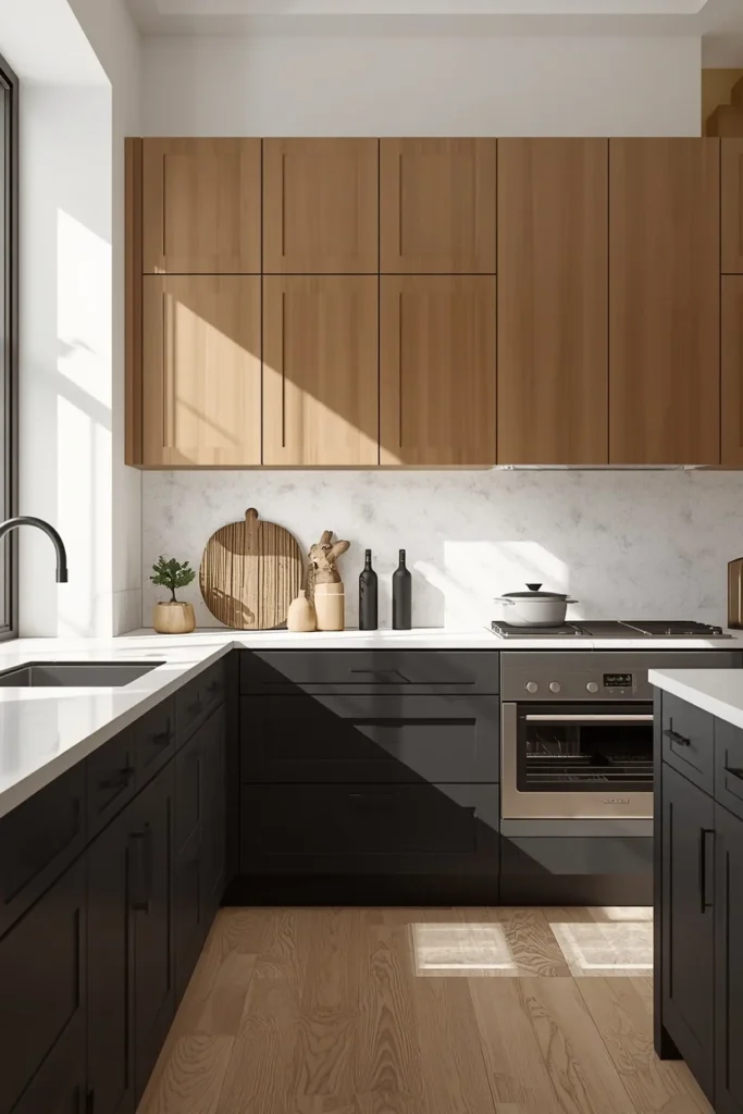 kitchen, featuring soft black lower cabinets and warm white upper cabinets, 