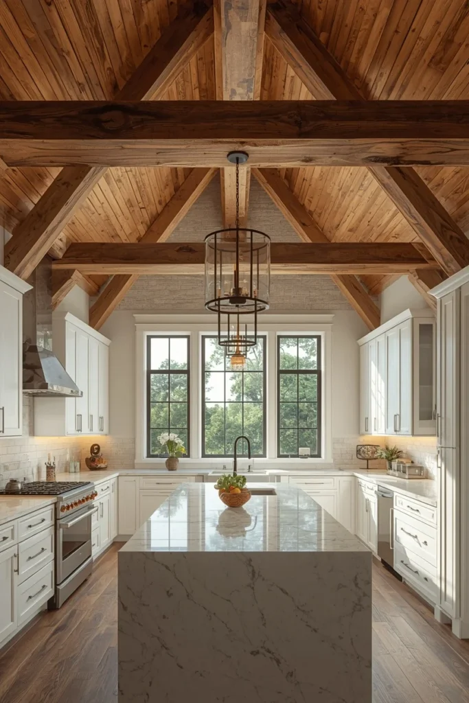 20 White Kitchen Ideas That Are Bright, Fresh & Absolutely Dreamy 14 kitchen wide angle, featuring reclaimed wood ceiling beams above white cabinetry