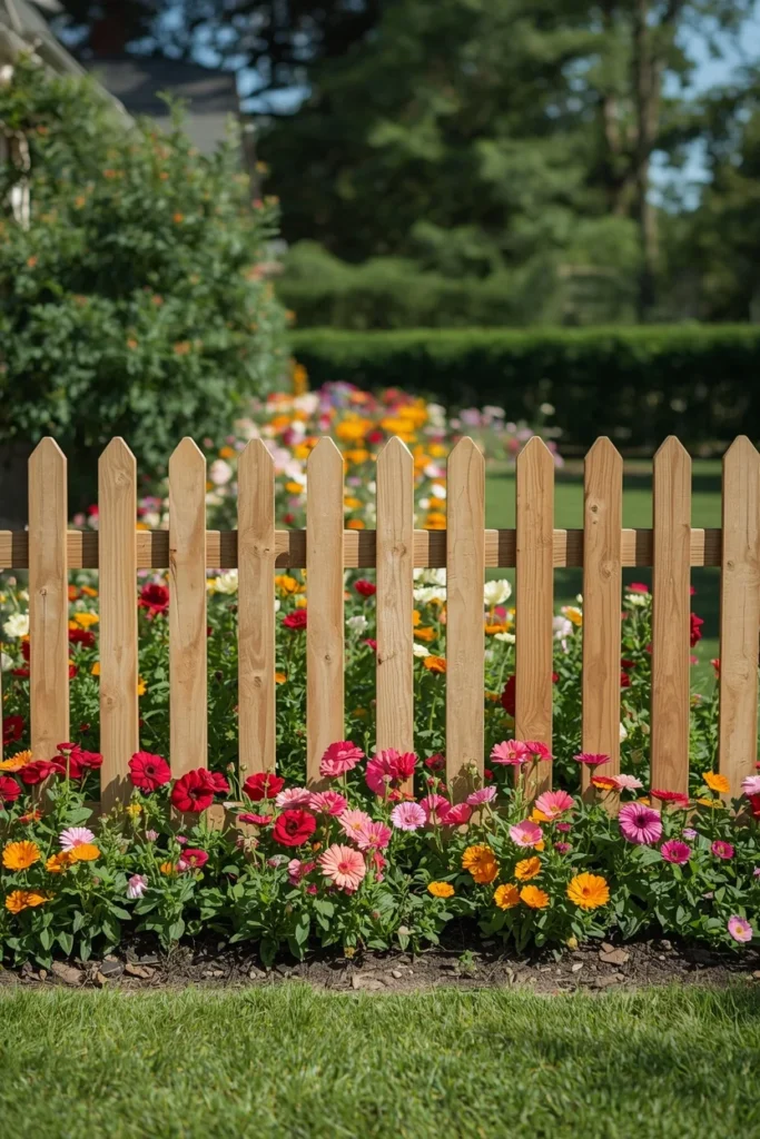 cottage garden front yard exterior, featuring a semi-private spaced wood picket fence 