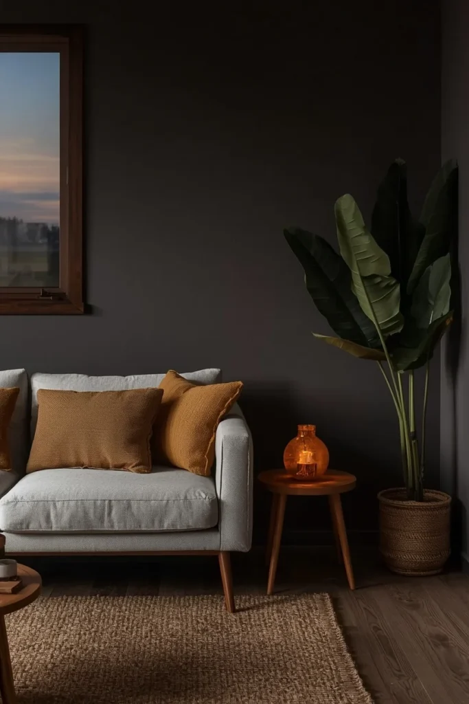 cozy dark japandi living room