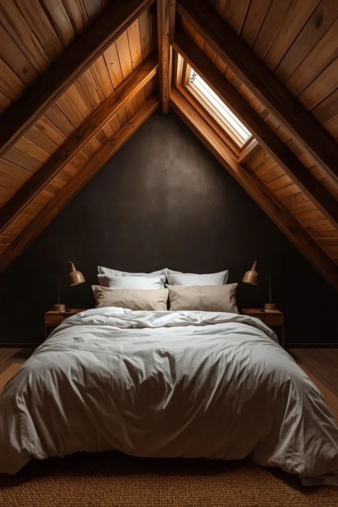 attic bedroom shot, featuring a deep charcoal or dark brown sloped wall