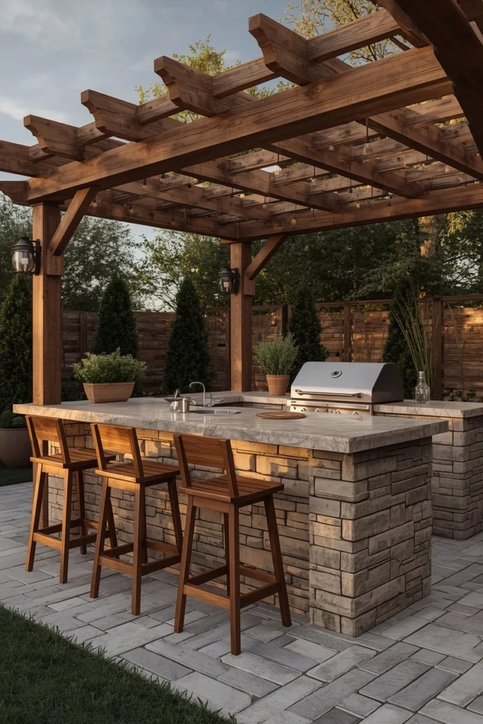 17 Back Patio Ideas That Transform Any Outdoor Space Into a Cozy Retreat 16 pergola patio, featuring a built-in stone outdoor kitchen