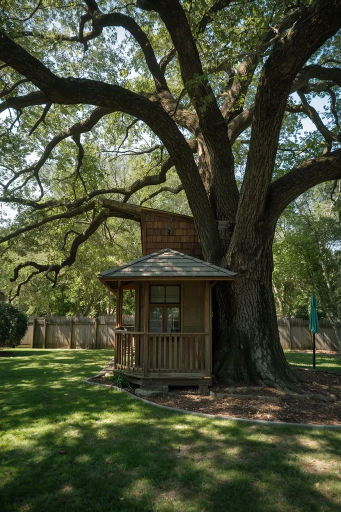 backyard, featuring a whimsical treehouse-style gazebo 
