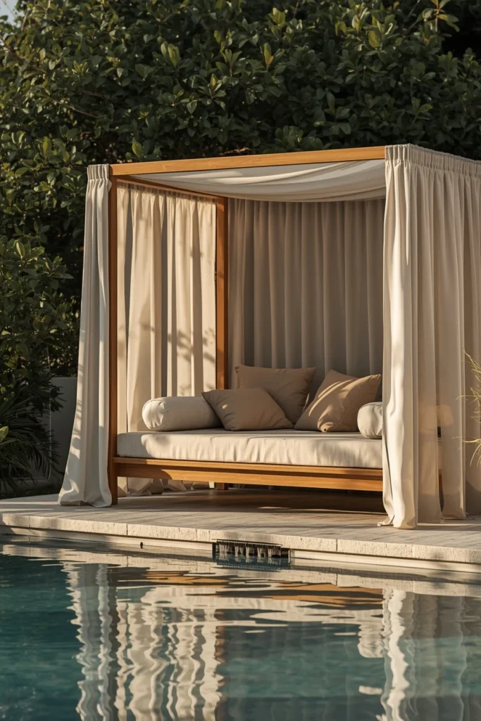  backyard pool, featuring a canopied daybed 