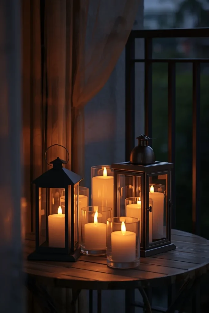 25 Balcony Ideas That Turn Even the Smallest Outdoor Space Into a Retreat 16 balcony side table, featuring a cluster of flameless LED candles
