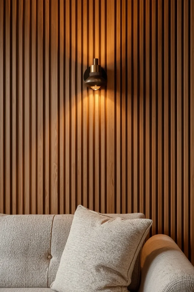  basement accent wall, featuring warm oak acoustic slat wood paneling