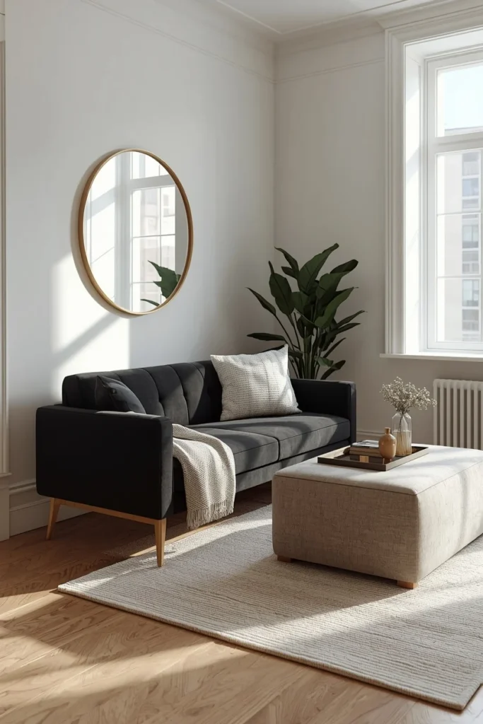  living room, featuring a compact black loveseat