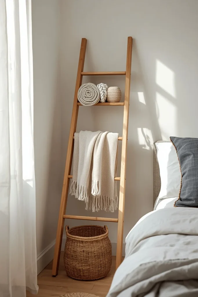 bedroom corner shot, featuring a leaning wood ladder