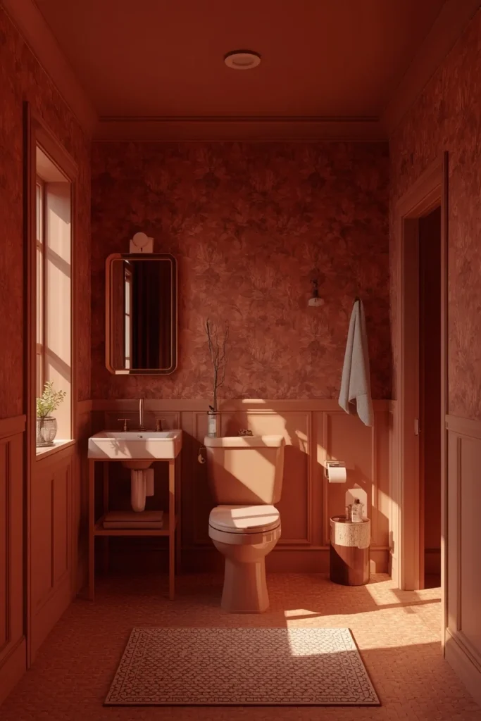bathroom, featuring bold clay-toned wallpaper