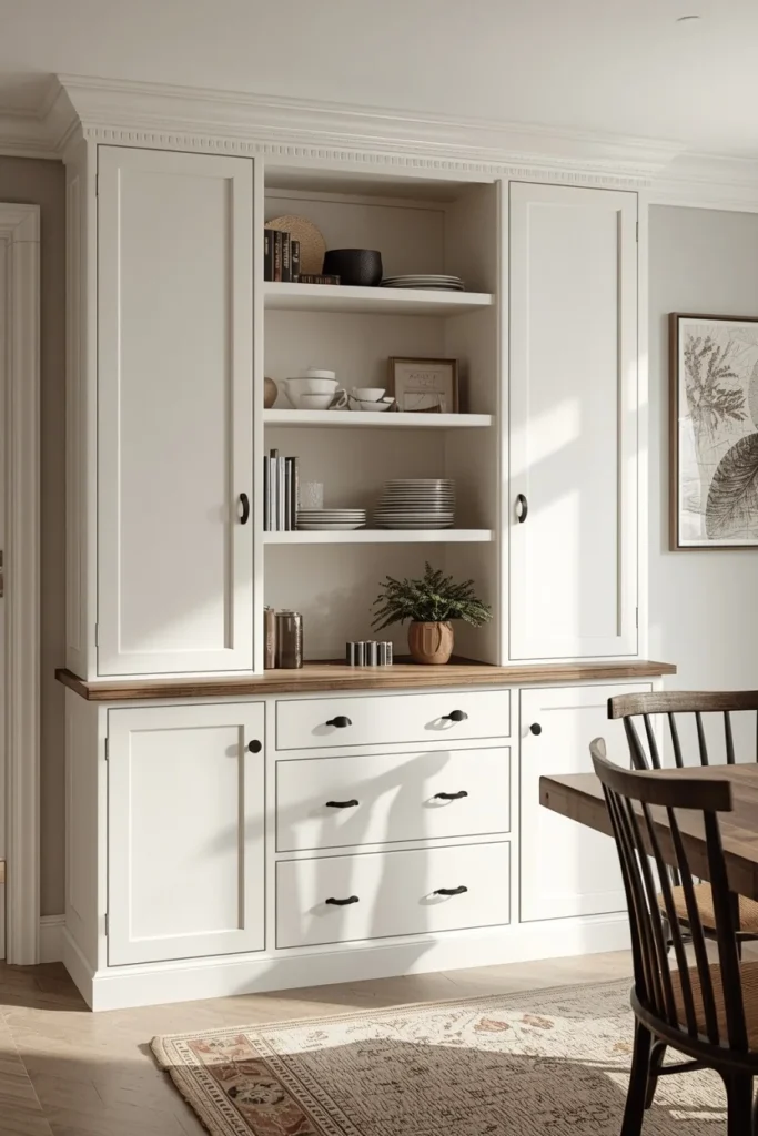 17 Built-In Dining Room Cabinet Ideas That Are Beautiful & Super Practical 16 dining room built-in, featuring a classic white shaker-style hutch
