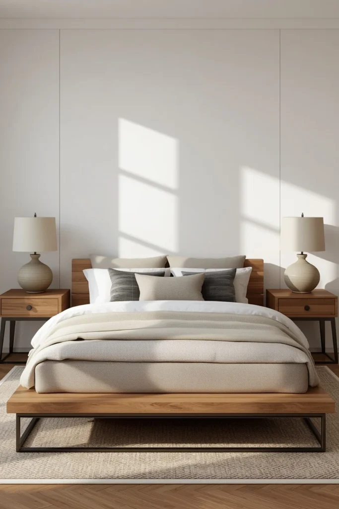 16 Classy Bedroom Ideas That Ooze Quiet Luxury Without the Price Tag 16 bedroom, featuring a low platform bed flanked by matching wood nightstands