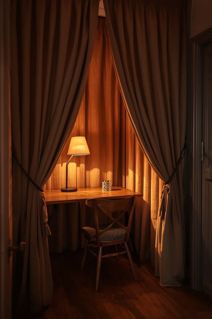 curtain-enclosed study nook, featuring warm linen drapery framing a small desk area