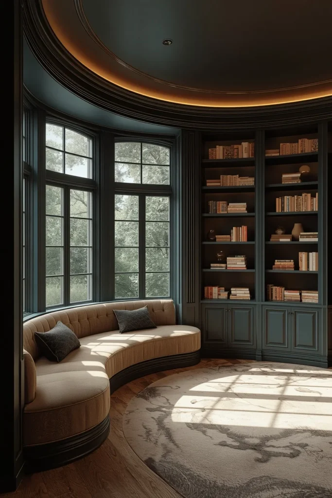 24 Dream Home Library Ideas That Are So Beautiful They'll Take Your Breath Away 16 home library, featuring custom curved built-in bookshelves