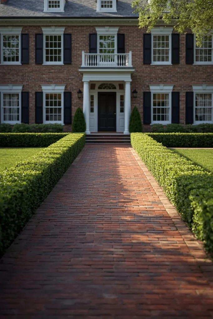 colonial home exterior, featuring a brick driveway