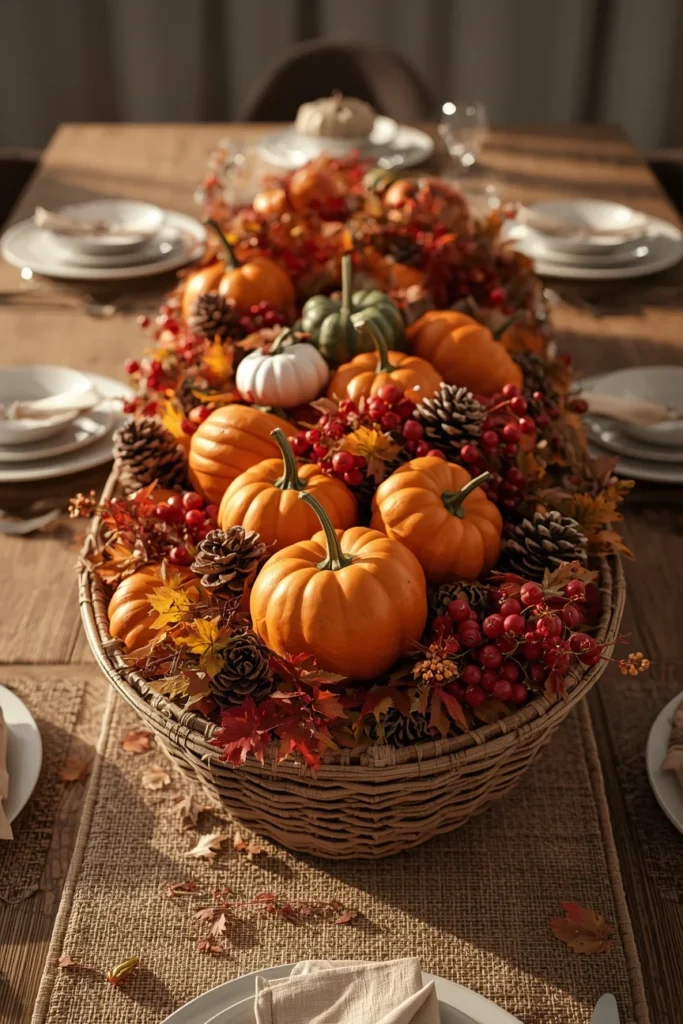 16 Fall Table Decor Ideas That Turn Every Dinner Into an Autumn Celebration 16 fall table centerpiece featuring a wide woven basket