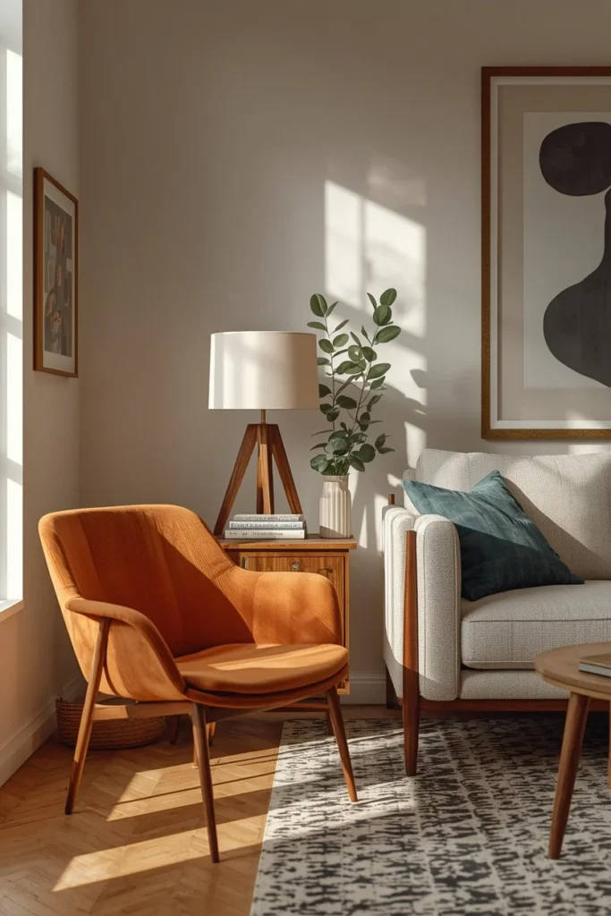 family room, featuring a vintage wood side table