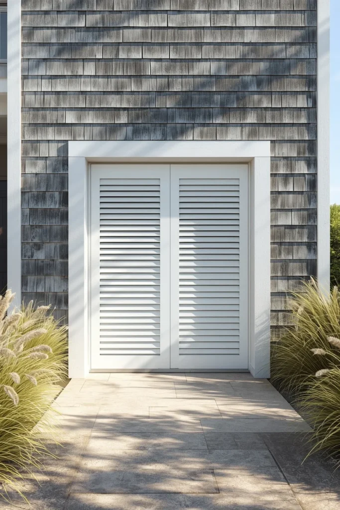beach house exterior, featuring a white louvered shutter-style garage door 