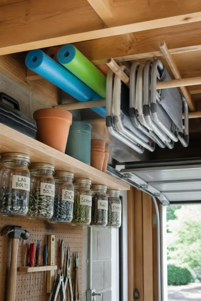 19 Garage Storage Ideas That Finally Tame the Chaos & Look Great Doing It 16 garage corner detail, featuring small labeled jars