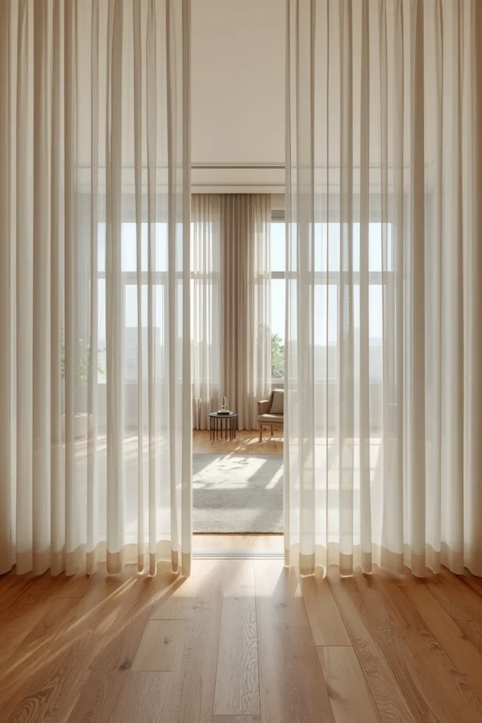 20 Genius Ways to Connect Your Living & Dining Room Seamlessly & Stylishly 16 open concept living and dining room, featuring matching sheer linen curtains