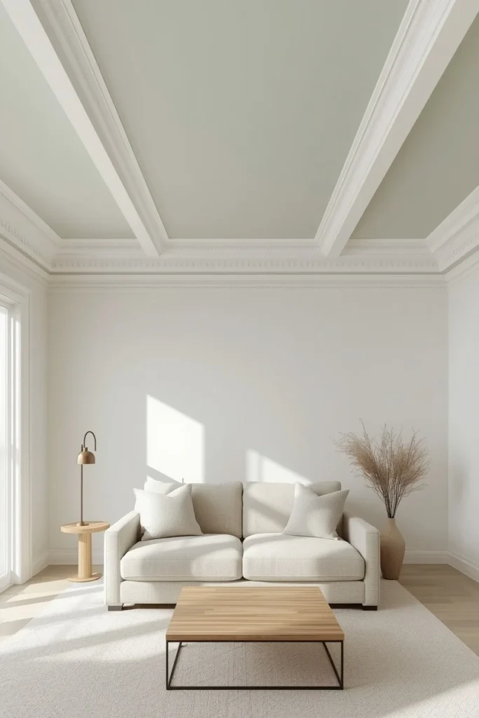 16 Green Living Room Ideas That Bring Life, Calm & Color to Any Space 16 living room, featuring a soft sage green painted ceiling with white crown molding