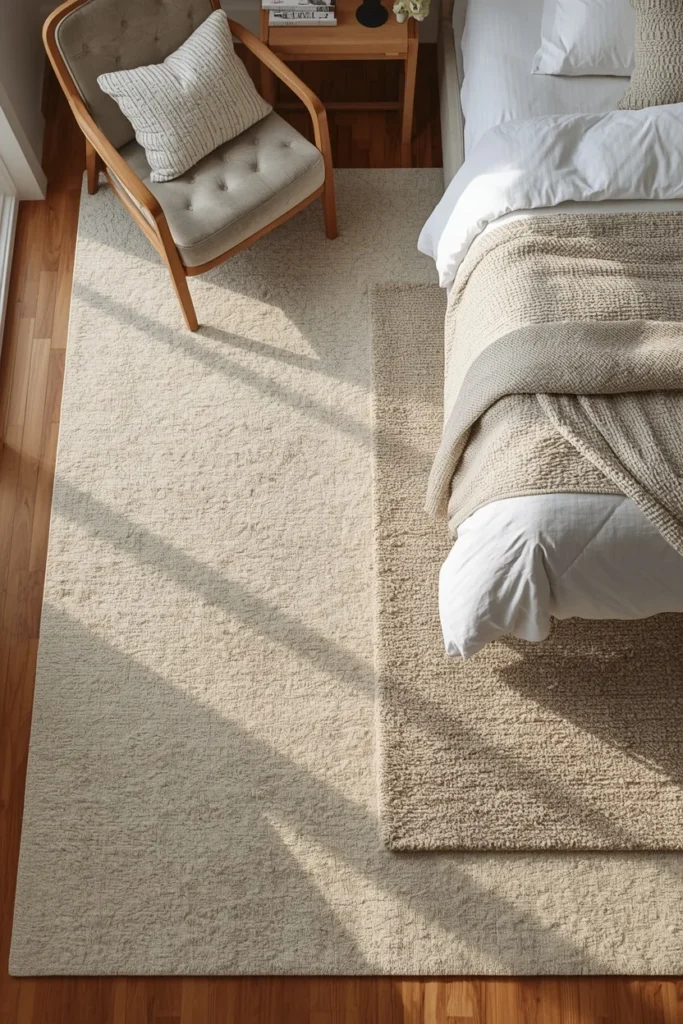  guest bedroom, featuring a large neutral wool rug 