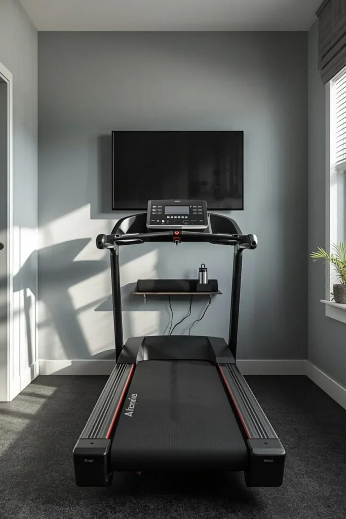 home gym, featuring a wall-mounted TV positioned in front of a treadmill