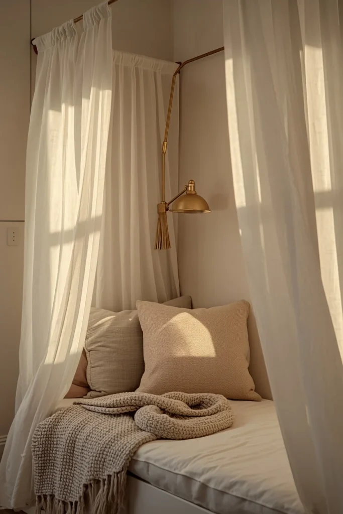 16 Home Library Aesthetic Ideas That Turn Any Corner Into a Reader's Paradise 16 draped canopy reading nook, featuring lightweight ivory linen curtains