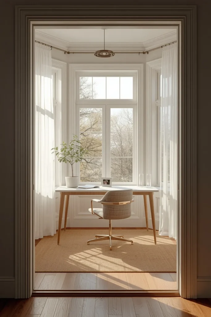 sunroom home office, featuring a slim desk