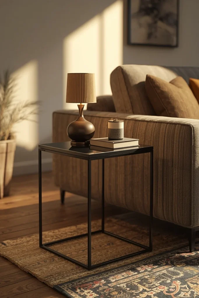  living room corner, featuring a small metal cube side table with a matte black frame