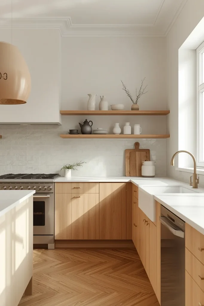 Scandinavian kitchen aesthetic, soft-profile flat-front warm pale birch cabinetry