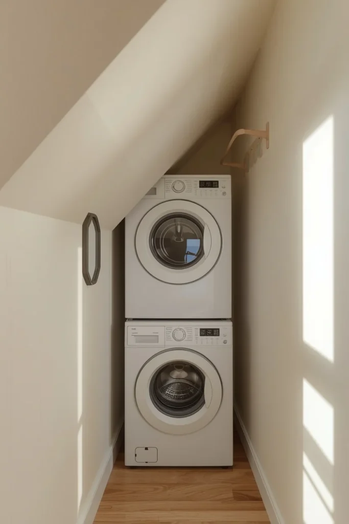 23 Laundry Room Design Ideas That Turn a Chore Space Into a Design Feature 16 under-stair laundry nook, featuring a slim stacked washer