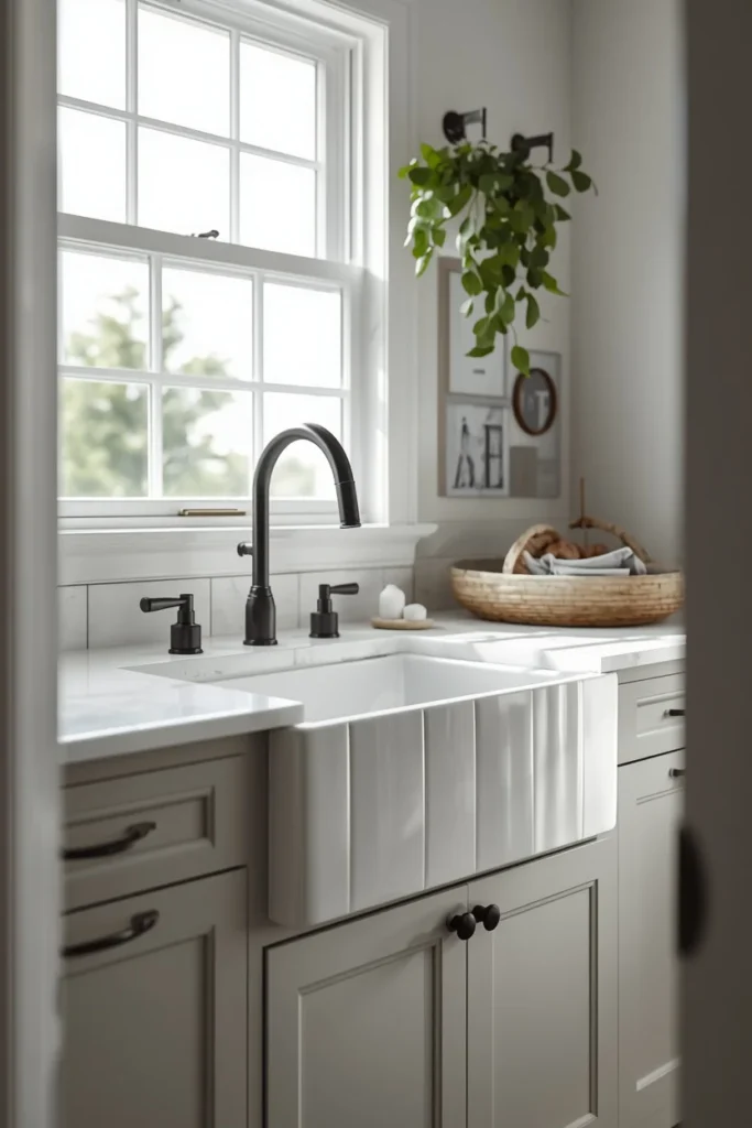 24 Laundry Room Ideas That Make the Most Dreaded Chore Actually Enjoyable 16 laundry room, featuring a white apron-front farmhouse sink