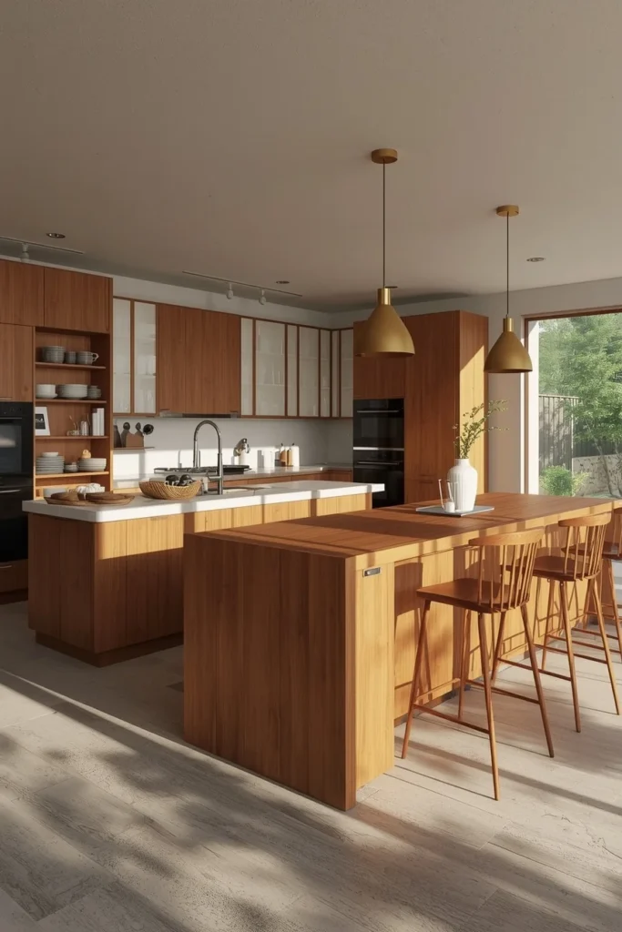 22 Mid Century Modern Kitchen Designs That Are Timeless & Stunning 15 modern kitchen, featuring two matching walnut islands,