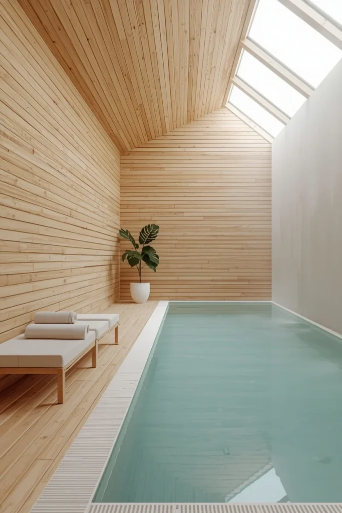  Scandinavian indoor pool room, warm blonde pine timber 