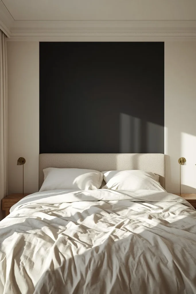 17 Moody Black Bedroom Ideas That Are Hauntingly Beautiful & Chic 16 bedroom, featuring a single black accent wall
