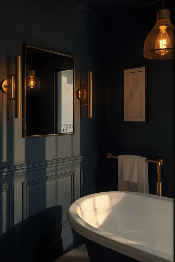 16 Moody Blue Bathroom Ideas That Feel Luxurious & Deeply Relaxing 16 bathroom at evening, featuring deep navy walls