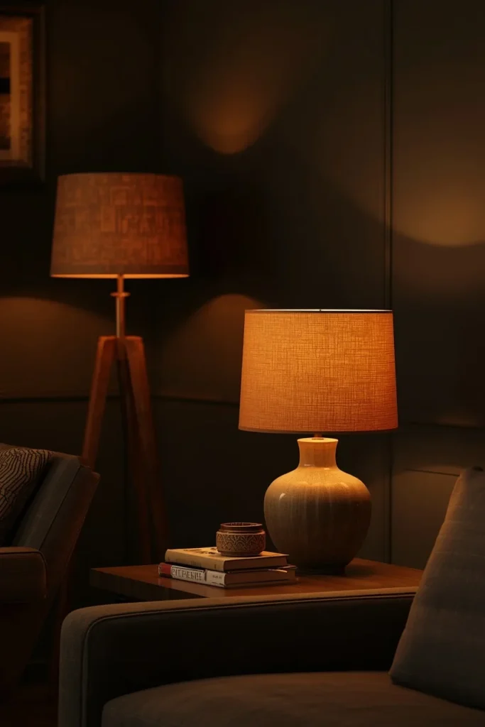 22 Moody Living Room Ideas That Are Rich, Dark & Incredibly Inviting 16 living room, featuring multiple warm-toned lamps